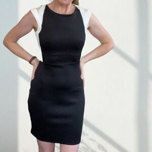 Black and White Bodycon Dress with sheer shoulder detail M